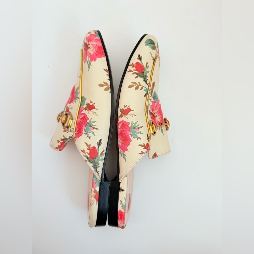 Gucci Cream Floral Leather Horsebit Mules with Pink Accents - Picture 4 of 9